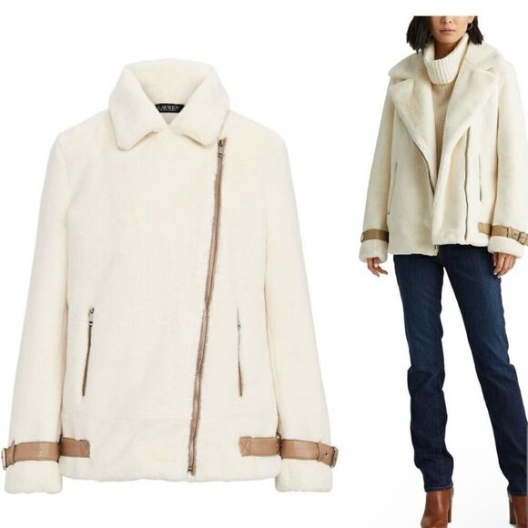 Lauren Ralph Lauren Jackets & Blazers - Lauren‎ Ralph Lauren Asymmetric Faux Fur Moto Coat Women Medium Cream Lined